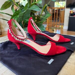 Prada Red Heels with Rhinestone Accents